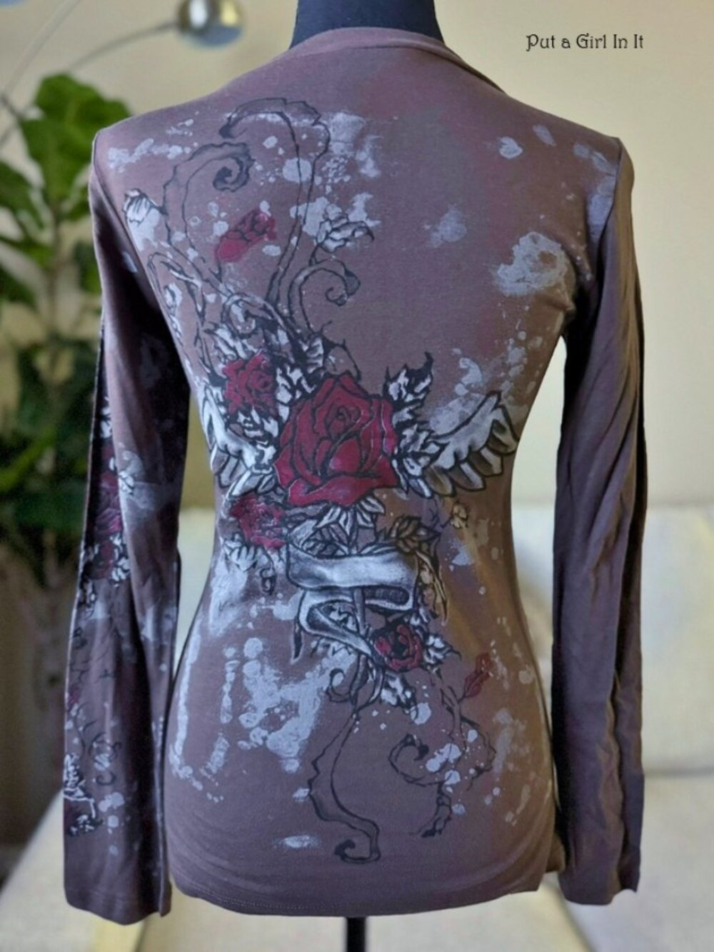 Y2K Vocal Apparel Women's Brown Rose Angel Wings Long Sleeve Shirt S M L XL